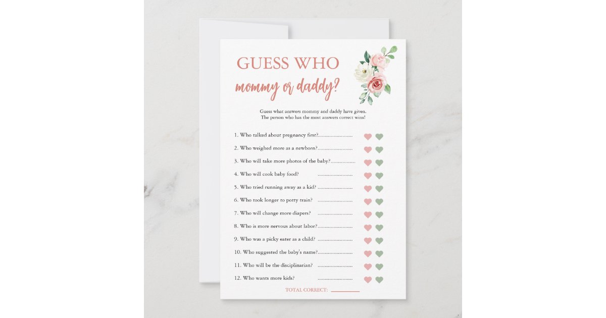 Blush Pink Floral Guess Who Baby Shower Game Card