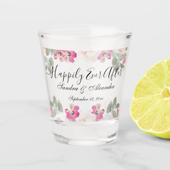 Blush Pink Floral Happily Ever After Wedding Shot Glass (Front)
