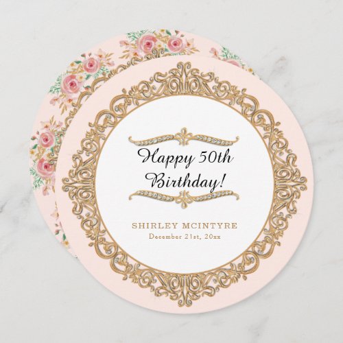 Blush Pink Floral Happy 50th Birthday Gold Jewel Invitation