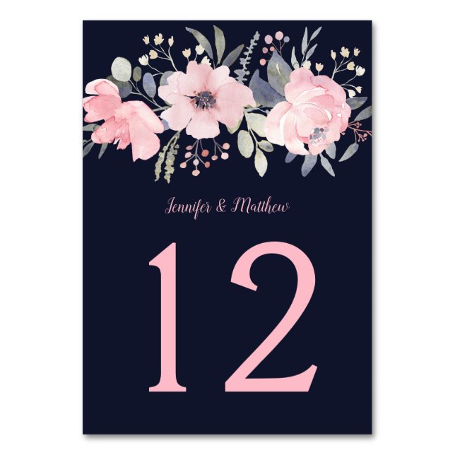 Blush Pink Floral Header on Navy | Table Number (Front)