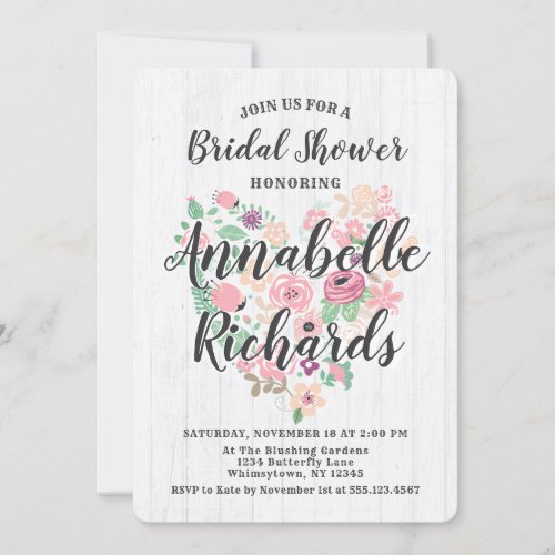 Blush Pink Floral Heart Bridal Shower Invitation