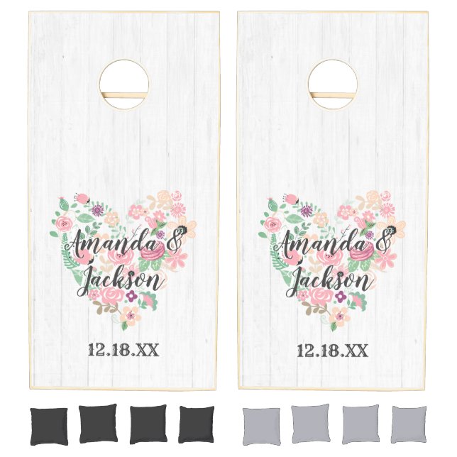 Blush Pink Floral Heart Modern Wedding Monogram Cornhole Set (Set)