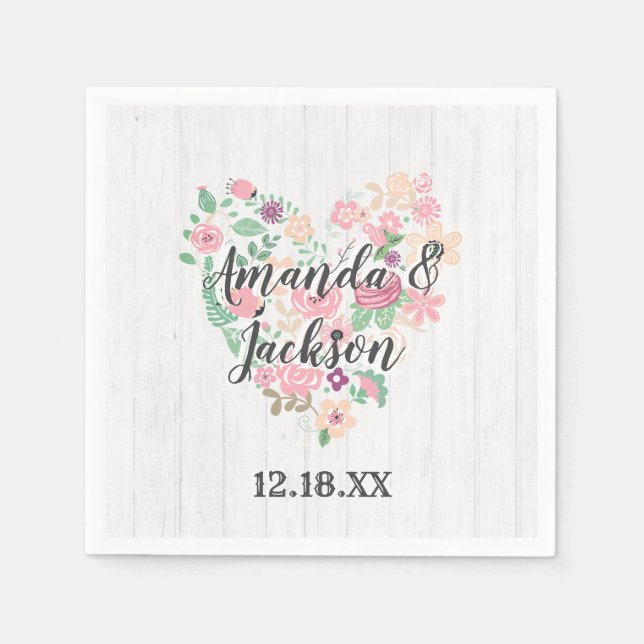 Blush Pink Floral Heart Modern Wedding Monogram Paper Napkins (Front)