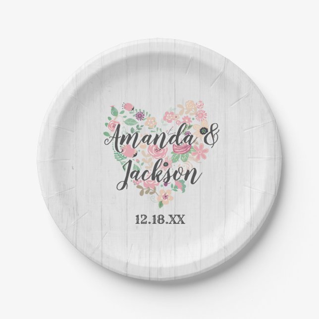 Blush Pink Floral Heart Modern Wedding Monogram Paper Plates (Front)