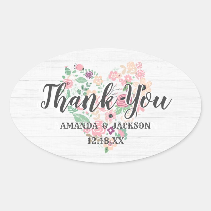 Blush Pink Floral Heart Modern Wedding Thank You Oval Sticker | Zazzle