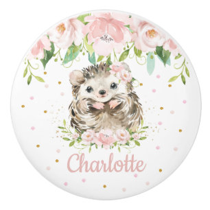 Blush Pink Floral Hedgehog Girl Nursery Decor Ceramic Knob