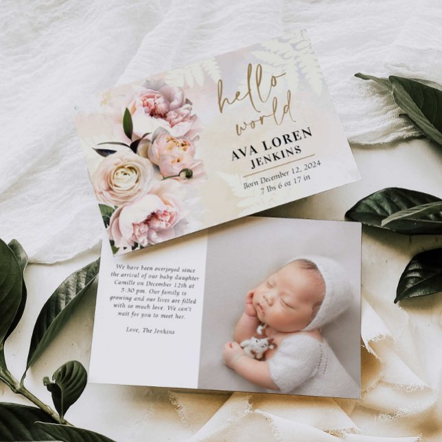 Blush Pink Floral Hello World Birth Announcement (Creator Uploaded)