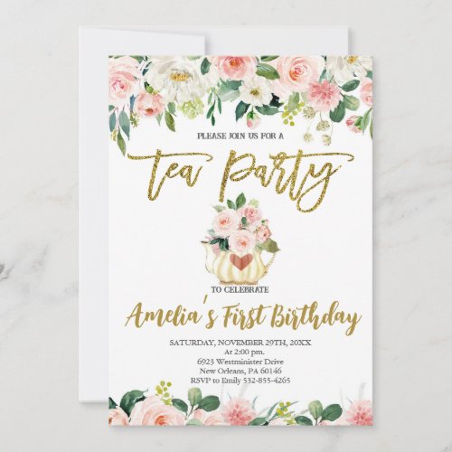 Blush Pink Floral High Tea First Birthday Invitation