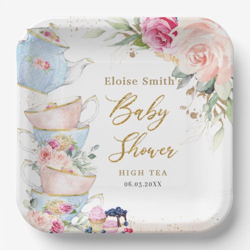 Blush Pink Floral High Tea Party Baby Shower  Paper Plates