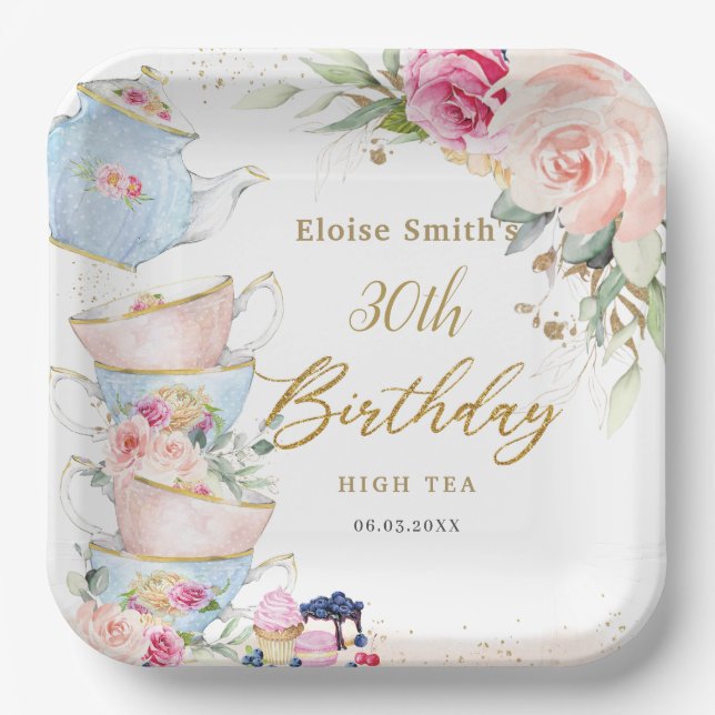 Blush Pink Floral High Tea Party Birthday Paper Plates (Front)