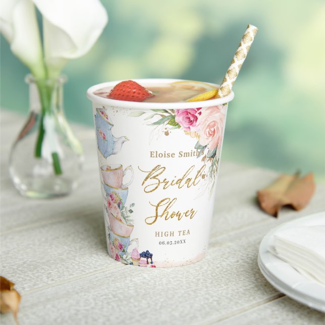 Blush Pink Floral High Tea Party Bridal Shower Paper Cups (Insitu)