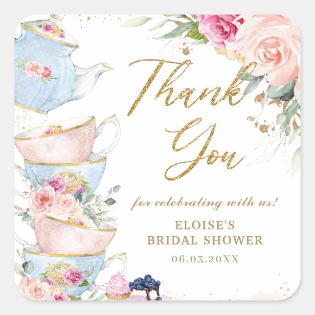 Blush Pink Floral High Tea Party Bridal Shower  Square Sticker (Front)