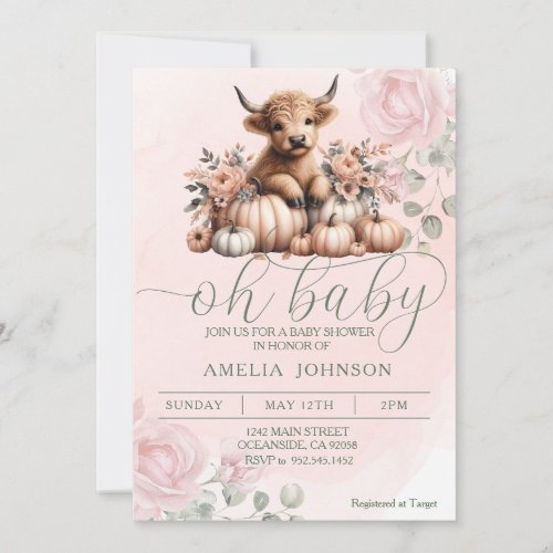 Blush Pink Floral Highland Cow Invitation