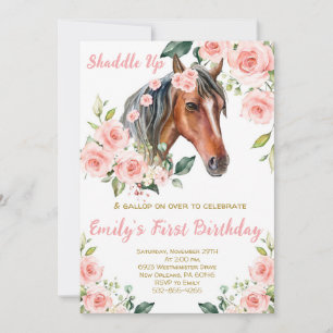 Blush Pink Floral & Horse First Birthday Party Invitation