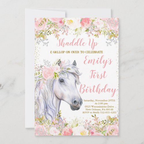 Blush Pink Floral  Horse First Birthday Party Invitation