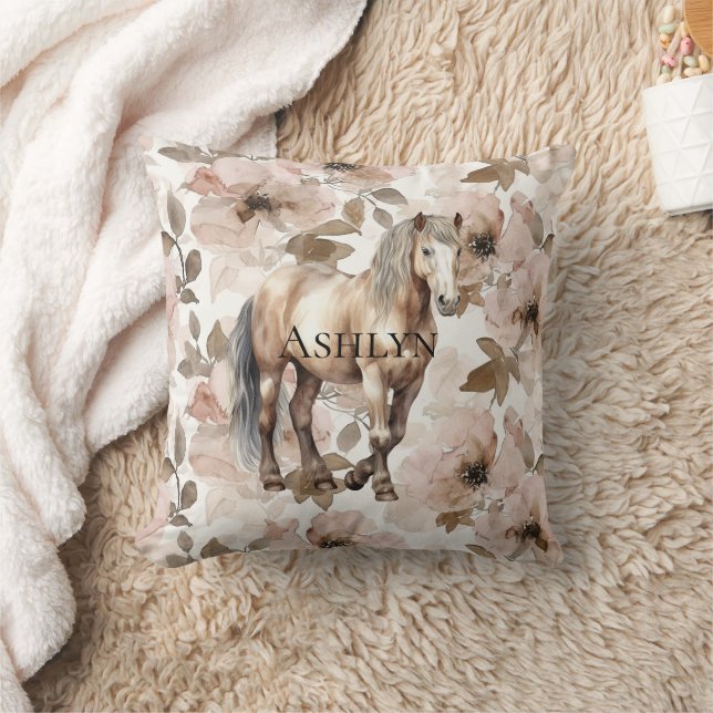 Blush Pink Floral Horse Throw Pillow (Blanket)