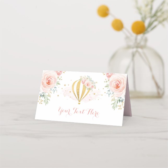 Blush Pink Floral Hot Air Balloon Adventure Shower Place Card (Front)