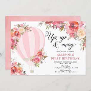 Blush pink floral hot air balloon girl birthday invitation