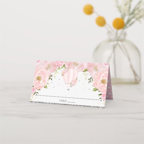 Blush Pink Floral Hot Air Balloon Guest Name  Place Card