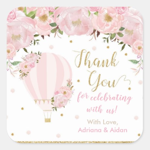 Blush Pink Floral Hot Air Balloon Thank You Favor Square Sticker