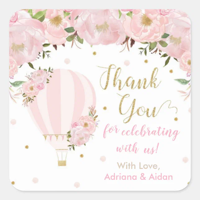 Blush Pink Floral Hot Air Balloon Thank You Favor Square Sticker | Zazzle