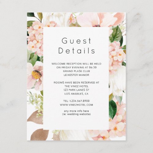 Blush Pink Floral Hydrangea Wedding Guest Details Enclosure Card