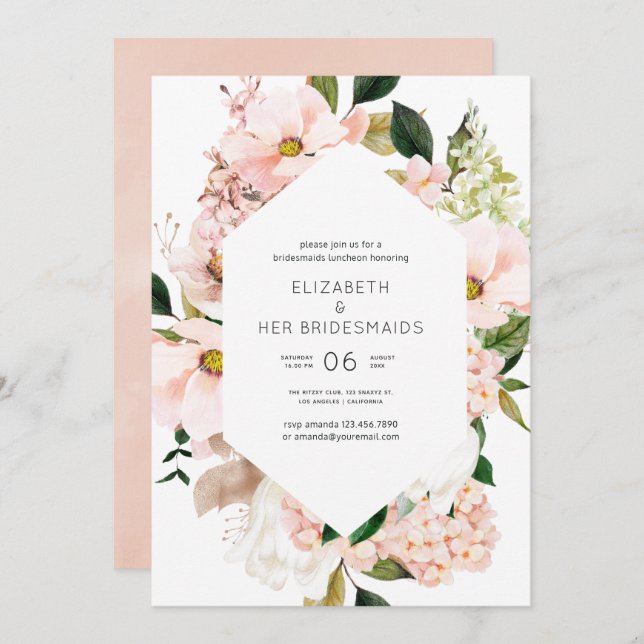 Blush Pink Floral Hydrangeas Bridesmaids Luncheon Invitation (Front/Back)
