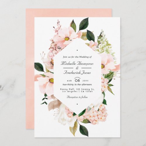 Blush Pink Floral Hydrangeas QR Code RSVP Wedding Invitation