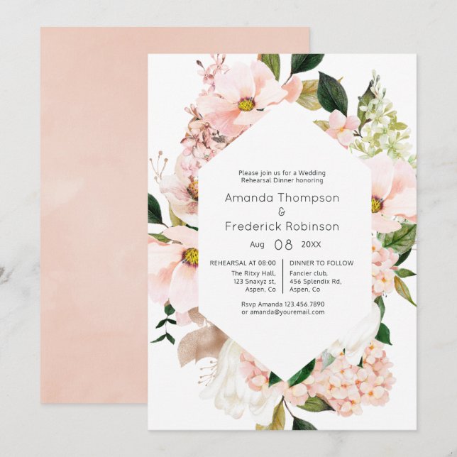 Blush Pink Floral Hydrangeas Rehearsal Dinner Invitation (Front/Back)