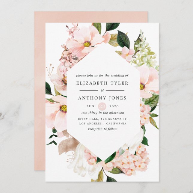 Blush Pink Floral Hydrangeas Spring Wedding Invitation (Front/Back)