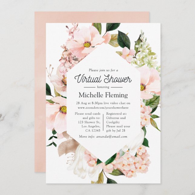 Blush Pink Floral Hydrangeas Virtual Shower Invitation (Front/Back)