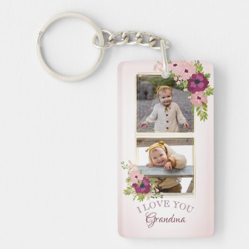 Blush Pink Floral I Love You Grandma Photo Collage Keychain
