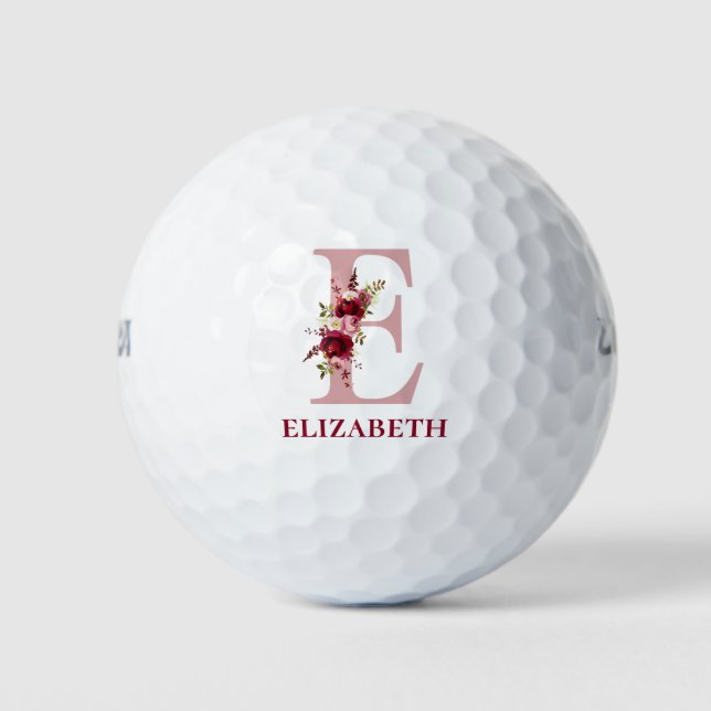 Blush Pink Floral Initial E Monogram Golf Balls (Front)