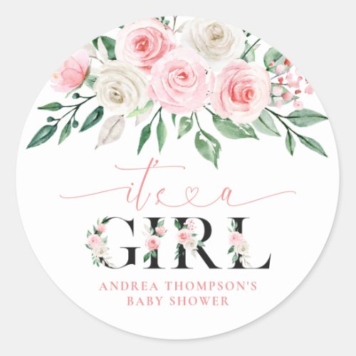 Blush Pink Floral Its A Girl Baby Shower Classic Round Sticker