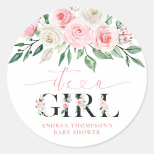 Blush Pink Floral It's A Girl Baby Shower Classic Round Sticker