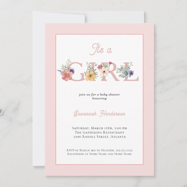 Blush Pink Floral It's a Girl Baby Shower Invitation (Front)