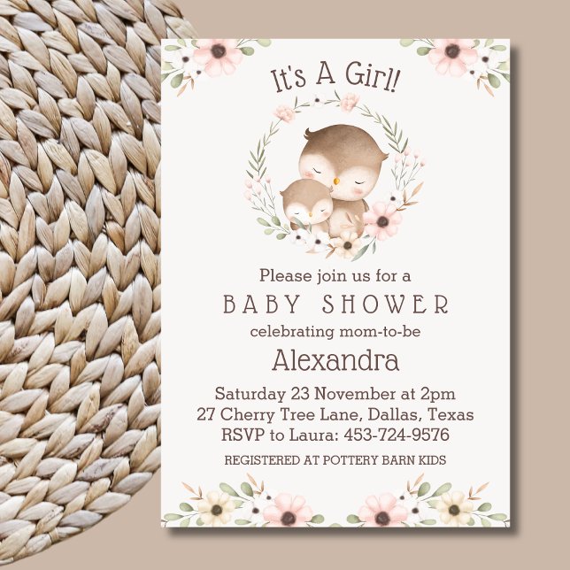 Blush Pink Floral It's a Girl Owl Baby Shower Invitation (Creator Uploaded)