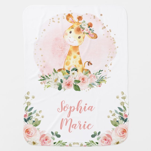 Blush Pink Floral Jungle Giraffe Girl Nursery Baby Blanket (Front)