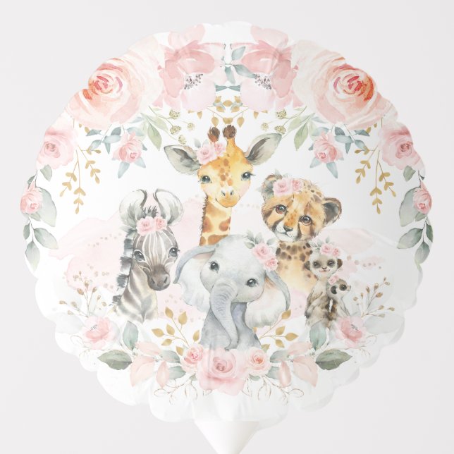 Blush Pink Floral Jungle Safari Animals Birthday Balloon (Front)