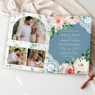Blush Pink Floral Lace Dusty Blue QR Code Wedding Invitation
