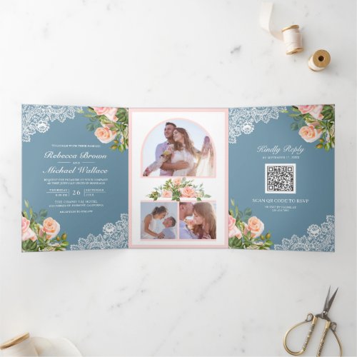 Blush Pink Floral Lace Dusty Blue QR Code Wedding Tri_Fold Invitation