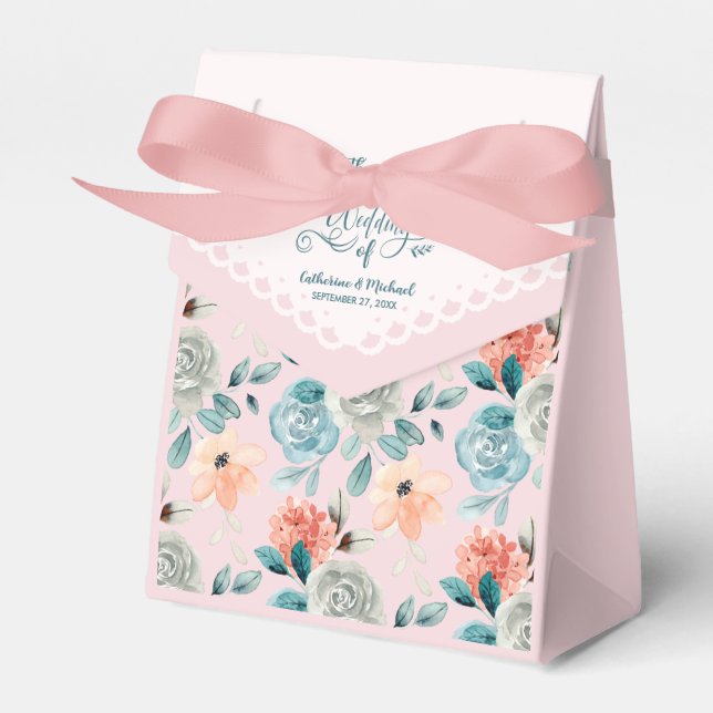 Blush Pink Floral Lace Wedding Calligraphy  Favor Boxes (Front Side)