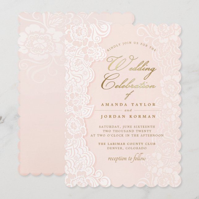 Blush Pink Floral Lace Wedding Invitation (Front/Back)