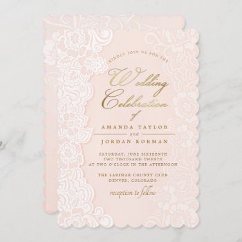 Blush Pink Floral Lace Wedding Invitation by SpiceTree_Weddings at Zazzle