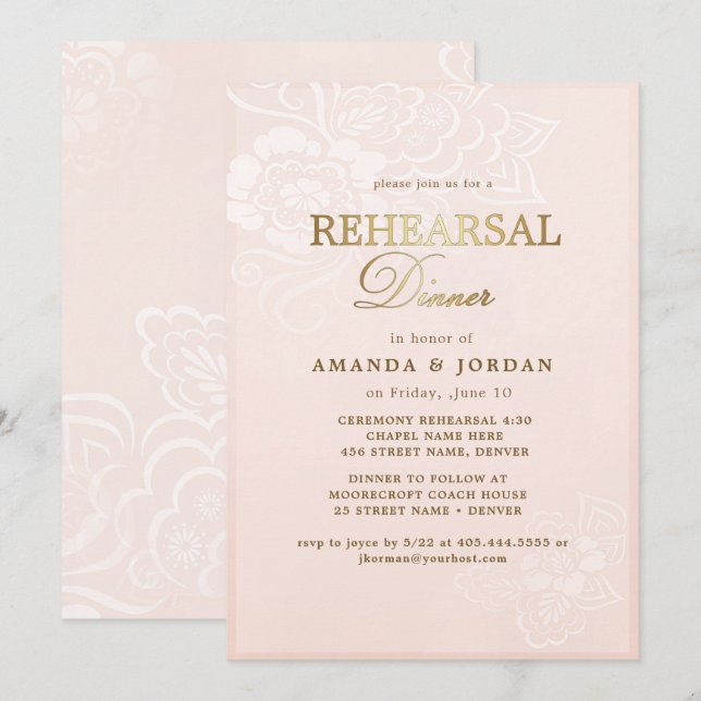 Blush Pink Floral Lace Wedding Rehearsal Dinner Invitation (Front/Back)
