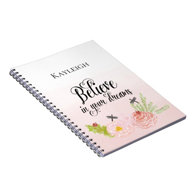 Blush Pink Floral Ladybug Believe Notebook (Right Side)
