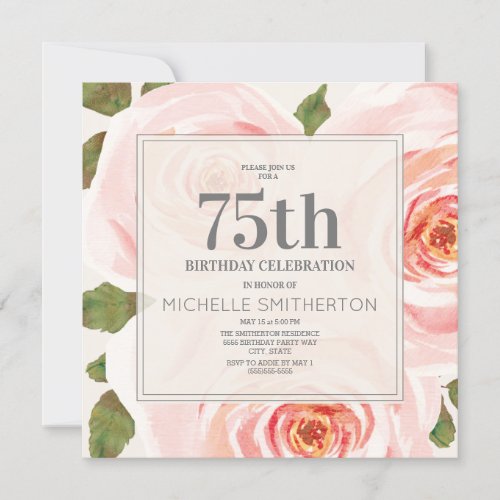 Blush Pink Floral Leaves 75th Birthday Women Invitation