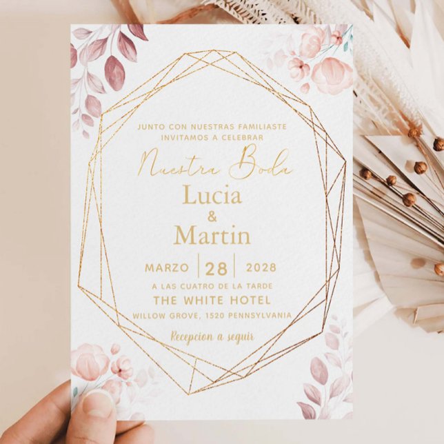 Blush Pink Floral Leaves Gold Spanish Nuestra Boda Invitation (Creator Uploaded)