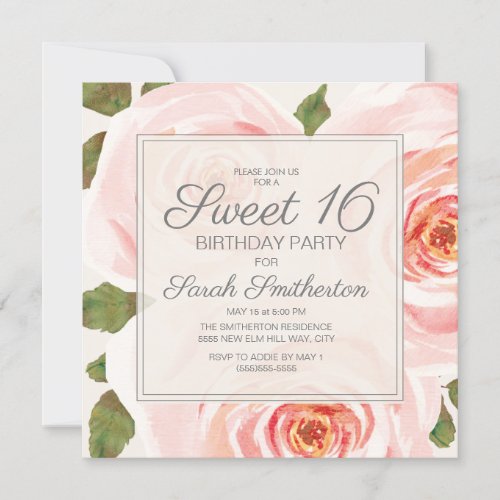 Blush Pink Floral Leaves Sweet 16 Birthday Girls Invitation