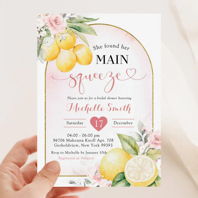 Blush Pink Floral Lemon Main Squeeze Bridal Shower Invitation | Zazzle